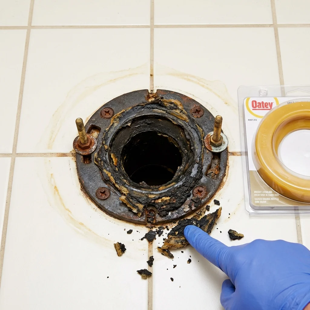 Failed wax ring showing water seepage at the base of a toilet in a Union Springs, NY home