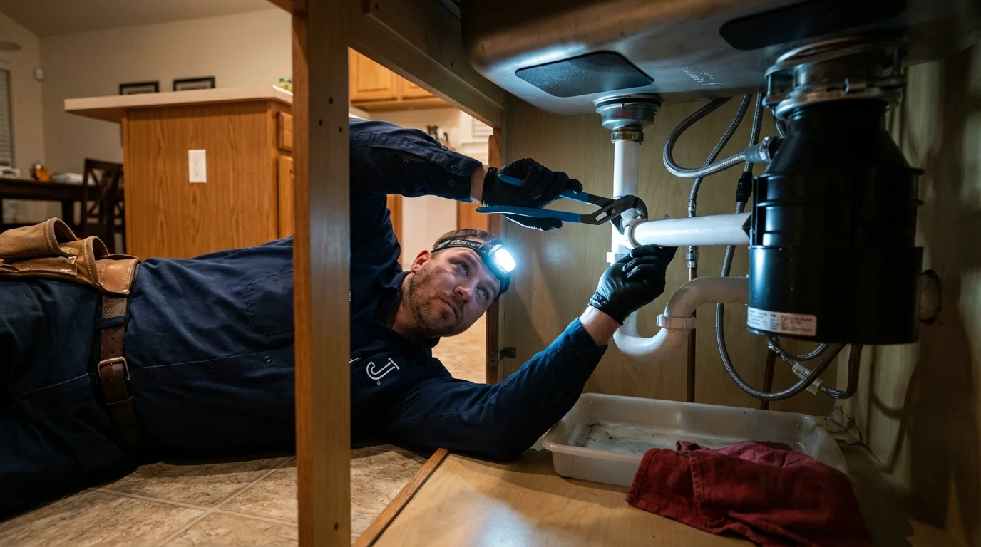 P-trap and supply line connections under a kitchen sink showing a common leak point in Union Springs, NY
